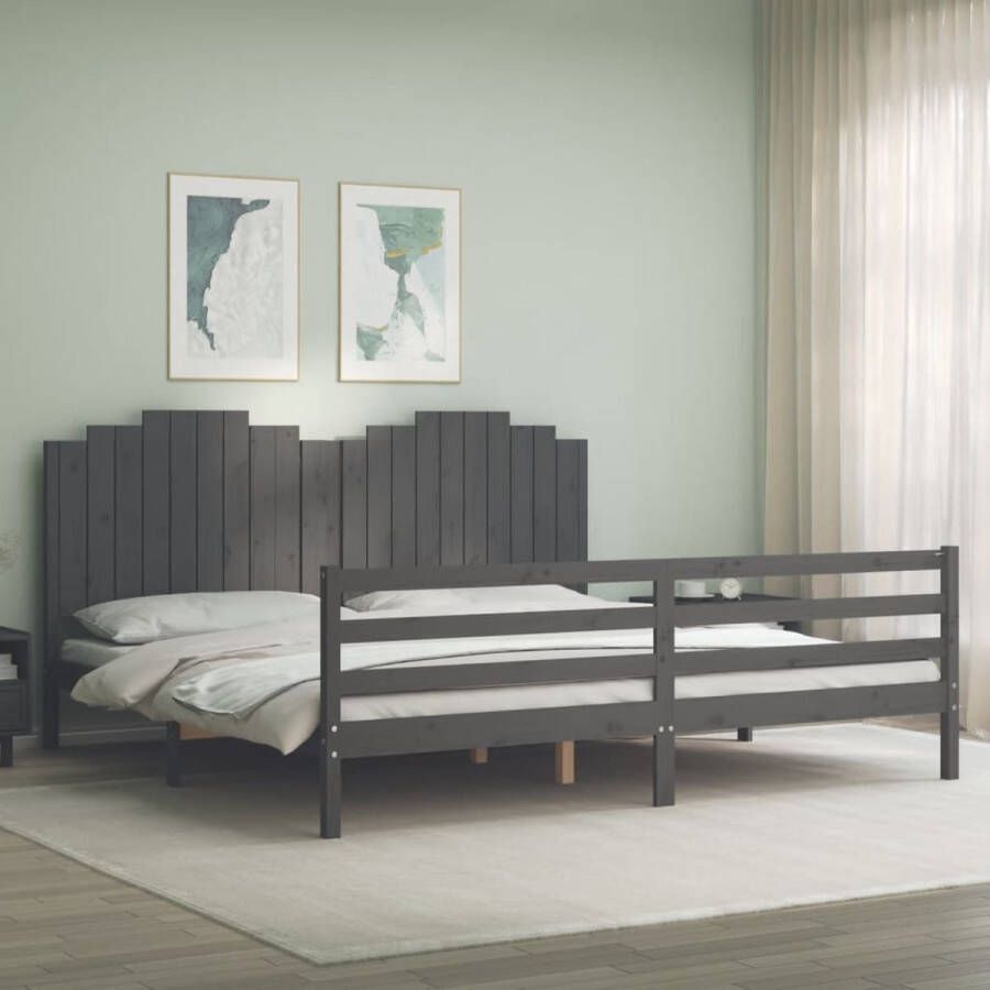 The Living Store Bedframe met hoofdbord massief hout grijs 200x200 cm Bed