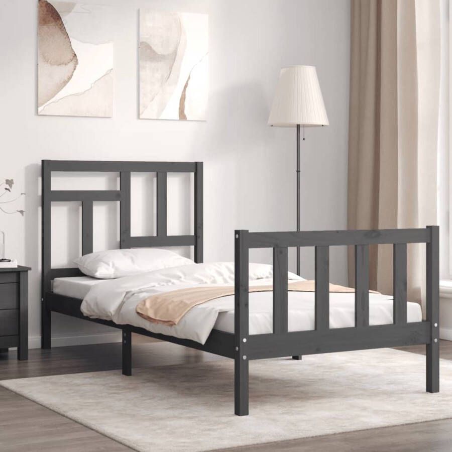 The Living Store Bedframe met hoofdeinde massief hout grijs 90x190 cm Bedframe Bedframes Bed Eenpersoonsbed Slaapkamermeubel Houten Bedframe Houten Bed Bedbodem Massief Houten Bedframe Ledikant Bedframe Met Hoofdeinde - Foto 2