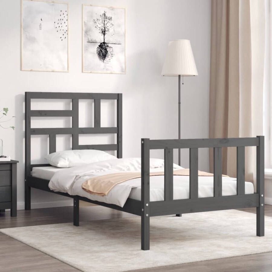 The Living Store Bedframe met hoofdbord massief hout grijs 3FT Single Bedframe Bedframes Bed Eenpersoonsbed Slaapkamermeubel Houten Bedframe Houten Bed Bedbodem Massief Houten Bedframe Ledikant Bedframe Met Hoofdeinde