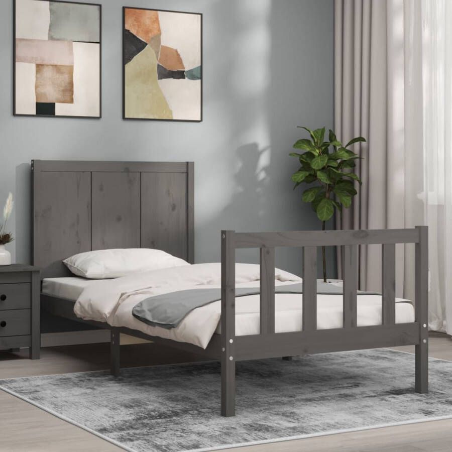 The Living Store Bedframe met hoofdbord massief hout grijs 3FT Single Bed