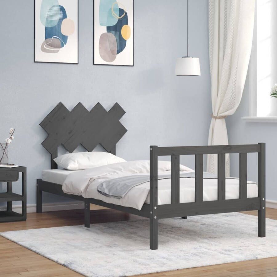 The Living Store Bedframe met hoofdbord massief hout grijs 3FT Single Bedframe Bedframes Bed Eenpersoonsbed Slaapkamermeubel Houten Bedframe Houten Bed Bedbodem Massief Houten Bedframe Ledikant Bedframe Met Hoofdeinde