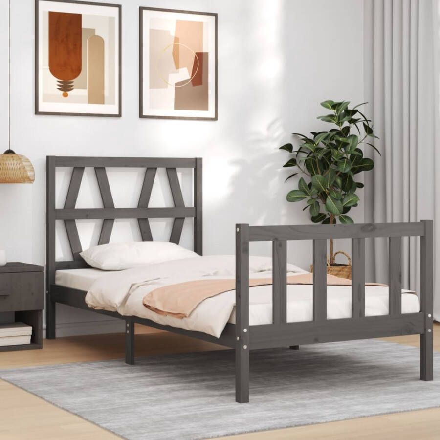 The Living Store Bedframe met hoofdbord massief hout grijs 3FT Single Bedframe Bedframes Bed Eenpersoonsbed Slaapkamermeubel Houten Bedframe Houten Bed Bedbodem Massief Houten Bedframe Ledikant Bedframe Met Hoofdeinde - Foto 4