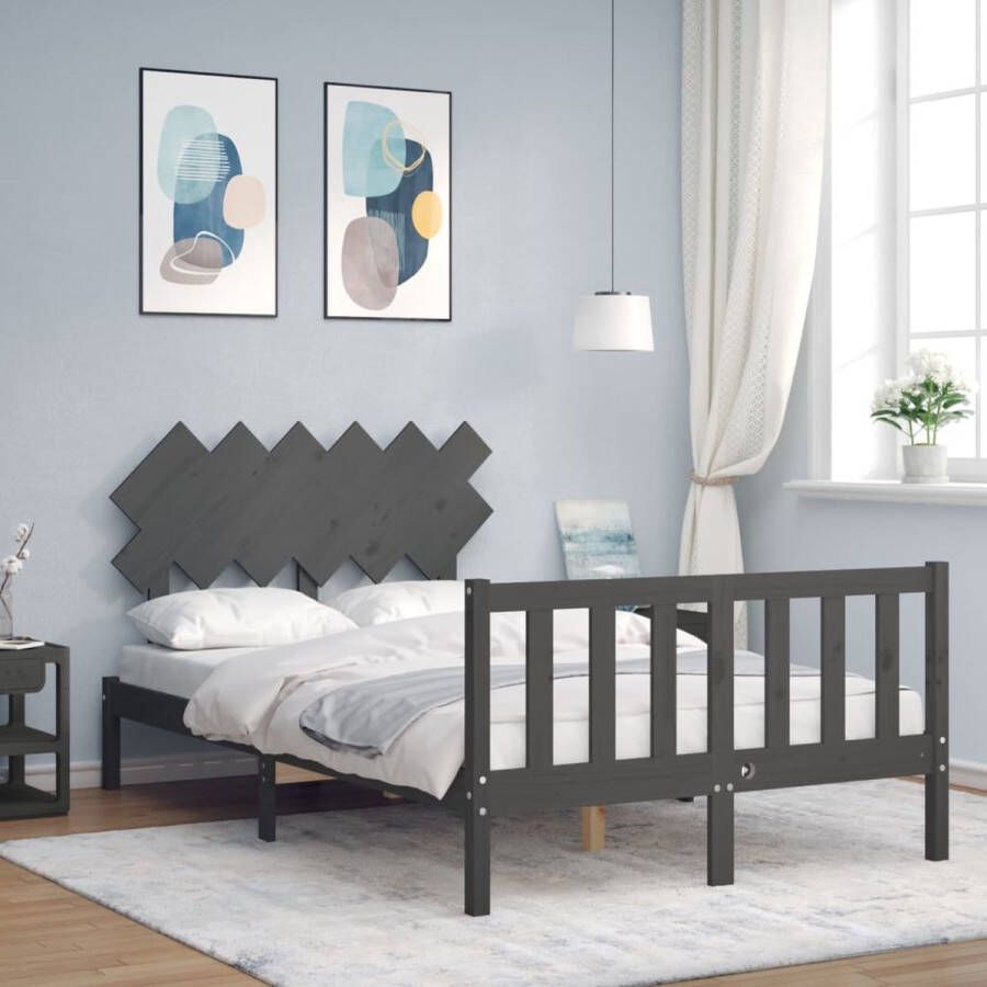 The Living Store Bedframe met hoofdbord massief hout grijs 4FT Small Double Bedframe Bedframes Bed Tweepersoonsbed Slaapkamermeubel Houten Bedframe Houten Bed Bedbodem Massief Houten Bedframe Ledikant Bedframe Met Hoofdeinde