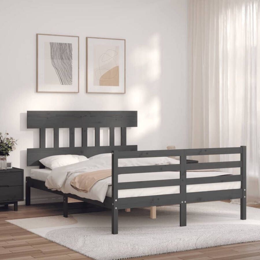 The Living Store Bedframe met hoofdbord massief hout grijs 4FT Small Double Bedframe Bedframes Bed Tweepersoonsbed Slaapkamermeubel Houten Bedframe Houten Bed Bedbodem Massief Houten Bedframe Ledikant Bedframe Met Hoofdeinde