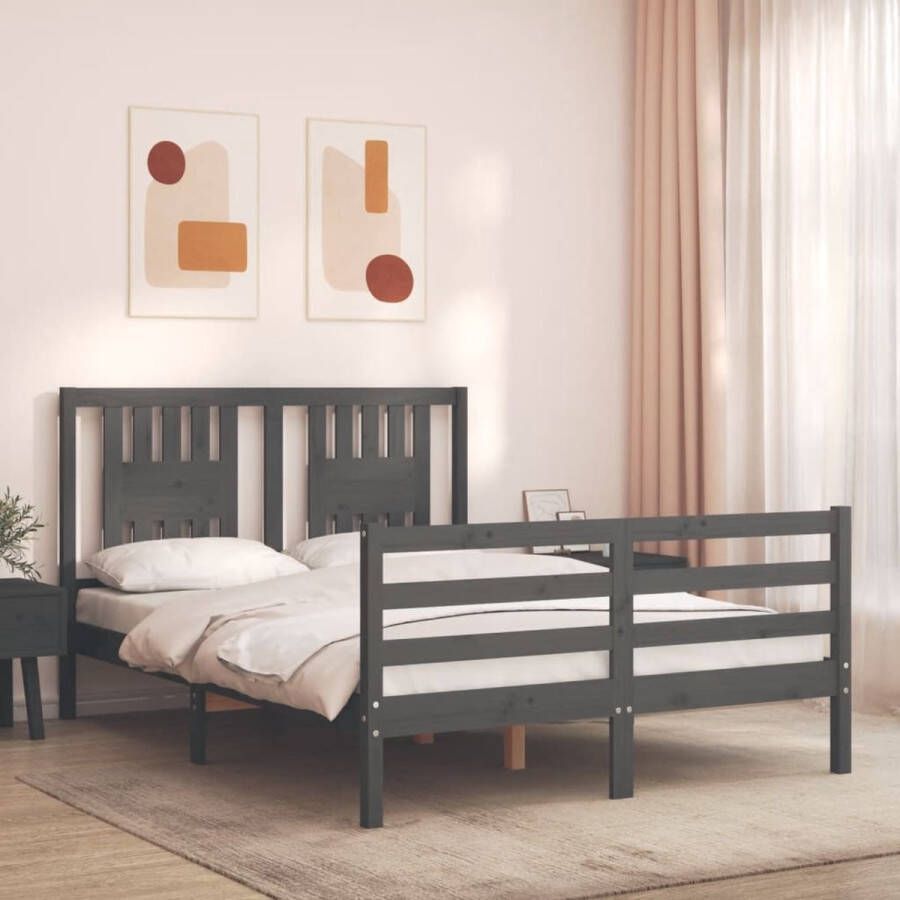 The Living Store Bedframe met hoofdbord massief hout grijs 4FT Small Double Bed