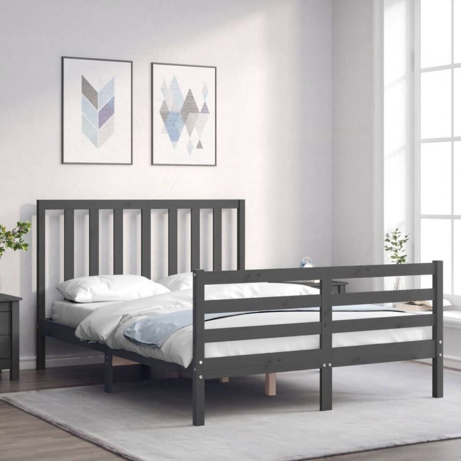 The Living Store Bedframe met hoofdbord massief hout grijs 4FT6 Double Bedframe Bedframes Bed Tweepersoonsbed Slaapkamermeubel Houten Bedframe Houten Bed Bedbodem Massief Houten Bedframe Ledikant Bedframe Met Hoofdeinde