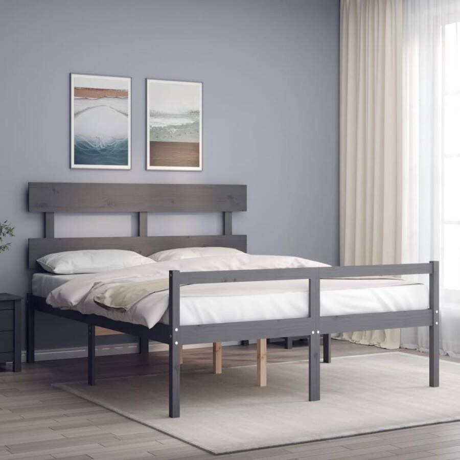 The Living Store Bedframe met hoofdbord massief hout grijs 5 FT King Bedframe Bedframes Bed Tweepersoonsbed Slaapkamermeubel Houten Bedframe Houten Bed Bedbodem Massief Houten Bedframe Ledikant Bedframe Met Hoofdeinde - Foto 2