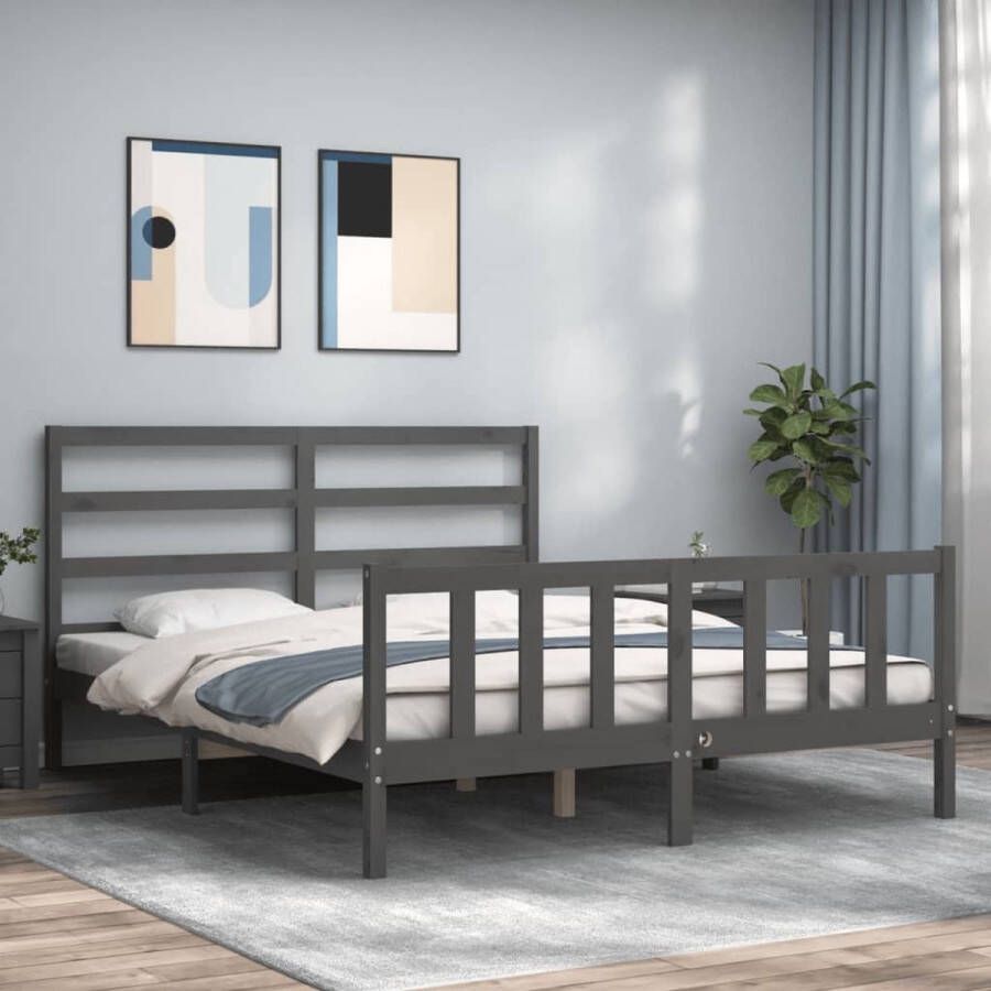 The Living Store Bed Massief Grenenhout Grijs 205.5 x 155.5 x 100 cm Multiplex lattenbodem Functioneel hoofd- en voeteneinde Matras niet inbegrepen Massief Grenenhouten Bed Grijs Bed King Size Bed Boxspring Bed Tweepersoonsbed