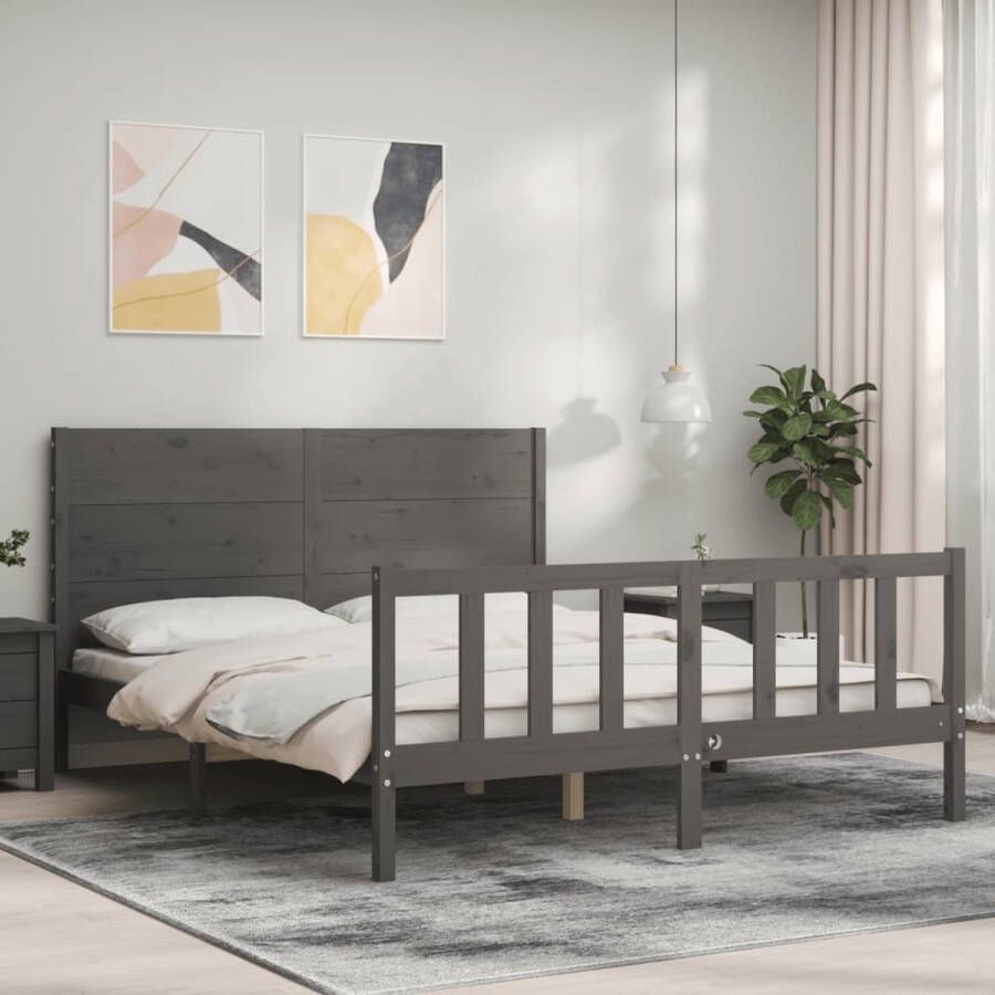 The Living Store Bedframe met hoofdbord massief hout grijs 5 FT King Size Bedframe Bedframes Bed Tweepersoonsbed Slaapkamermeubel Houten Bedframe Houten Bed Bedbodem Massief Houten Bedframe Ledikant Bedframe Met Hoofdeinde