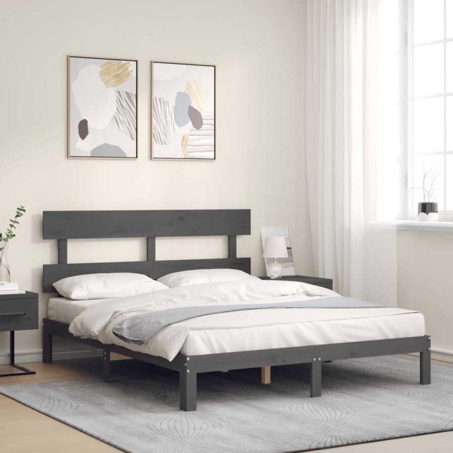 The Living Store Bedframe met hoofdbord massief hout grijs 5 FT King Size Bed