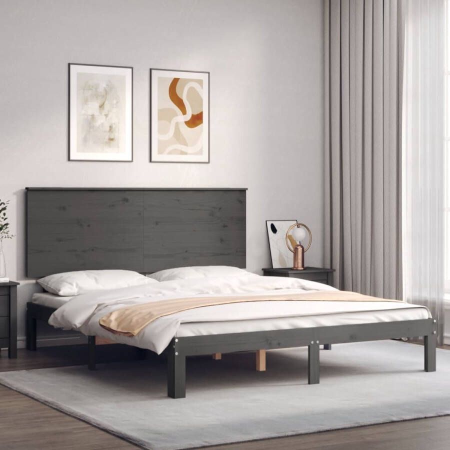 The Living Store Bedframe met hoofdbord massief hout grijs 5 FT King Size Bed