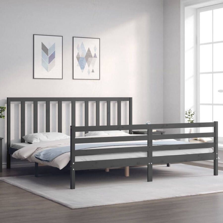 The Living Store Bedframe met hoofdbord massief hout grijs 6FT Super King Bedframe Bedframes Bed Tweepersoonsbed Slaapkamermeubel Houten Bedframe Houten Bed Bedbodem Massief Houten Bedframe Ledikant Bedframe Met Hoofdeinde