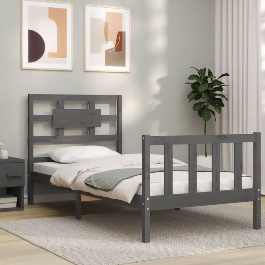 The Living Store Bedframe met hoofdbord massief hout grijs 90x200 cm Bedframe Bedframes Bed Eenpersoonsbed Slaapkamermeubel Houten Bedframe Houten Bed Bedbodem Massief Houten Bedframe Ledikant Bedframe Met Hoofdeinde