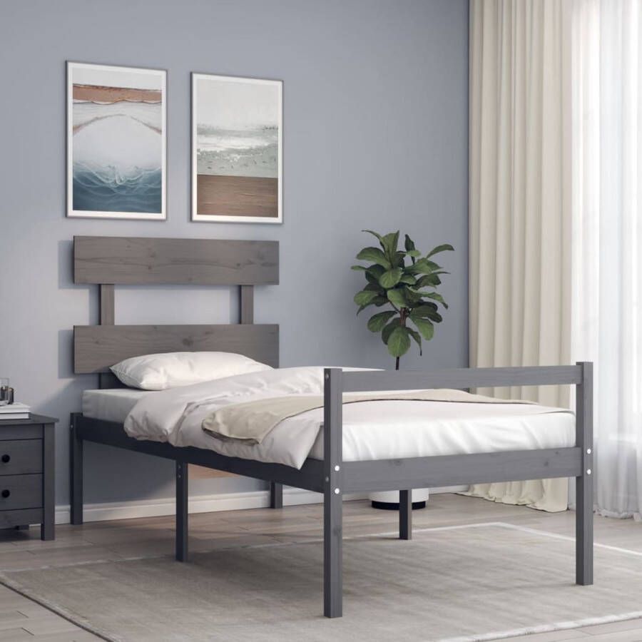 The Living Store Bedframe met hoofdbord massief hout grijs 90x200 cm Bedframe Bedframes Bed Eenpersoonsbed Slaapkamermeubel Houten Bedframe Houten Bed Bedbodem Massief Houten Bedframe Ledikant Bedframe Met Hoofdeinde