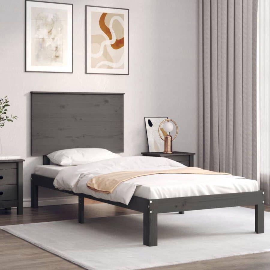 The Living Store Bedframe met hoofdbord massief hout grijs 90x200 cm Bedframe Bedframes Bed Eenpersoonsbed Slaapkamermeubel Houten Bedframe Houten Bed Bedbodem Massief Houten Bedframe Ledikant Bedframe Met Hoofdeinde