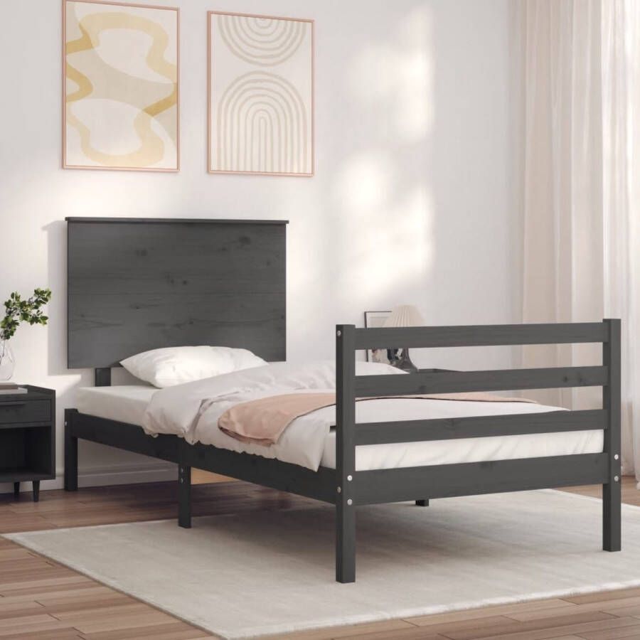 The Living Store Bedframe met hoofdbord massief hout grijs 90x200 cm Bedframe Bedframes Bed Eenpersoonsbed Slaapkamermeubel Houten Bedframe Houten Bed Bedbodem Massief Houten Bedframe Ledikant Bedframe Met Hoofdeinde