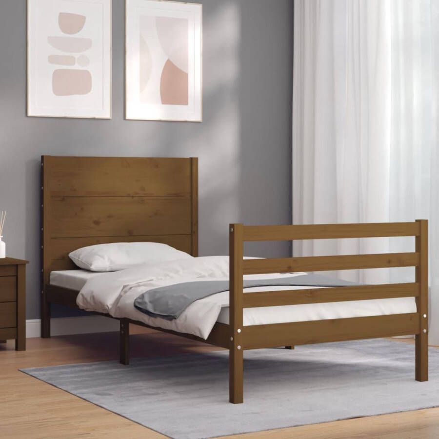 The Living Store Bedframe met hoofdbord massief hout honingbruin 100x200 cm Bed