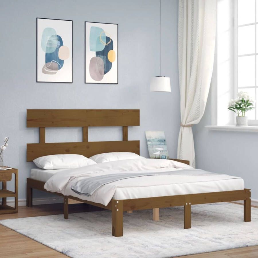 The Living Store Bedframe met hoofdbord massief hout honingbruin 140x190 cm Bed