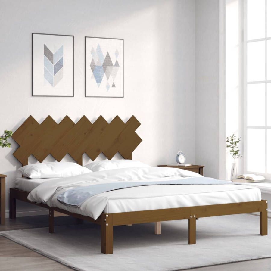 The Living Store Bedframe met hoofdbord massief hout honingbruin 140x190 cm Bed