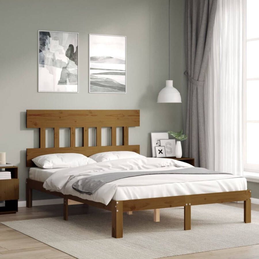 The Living Store Bedframe met hoofdbord massief hout honingbruin 140x200 cm Bed