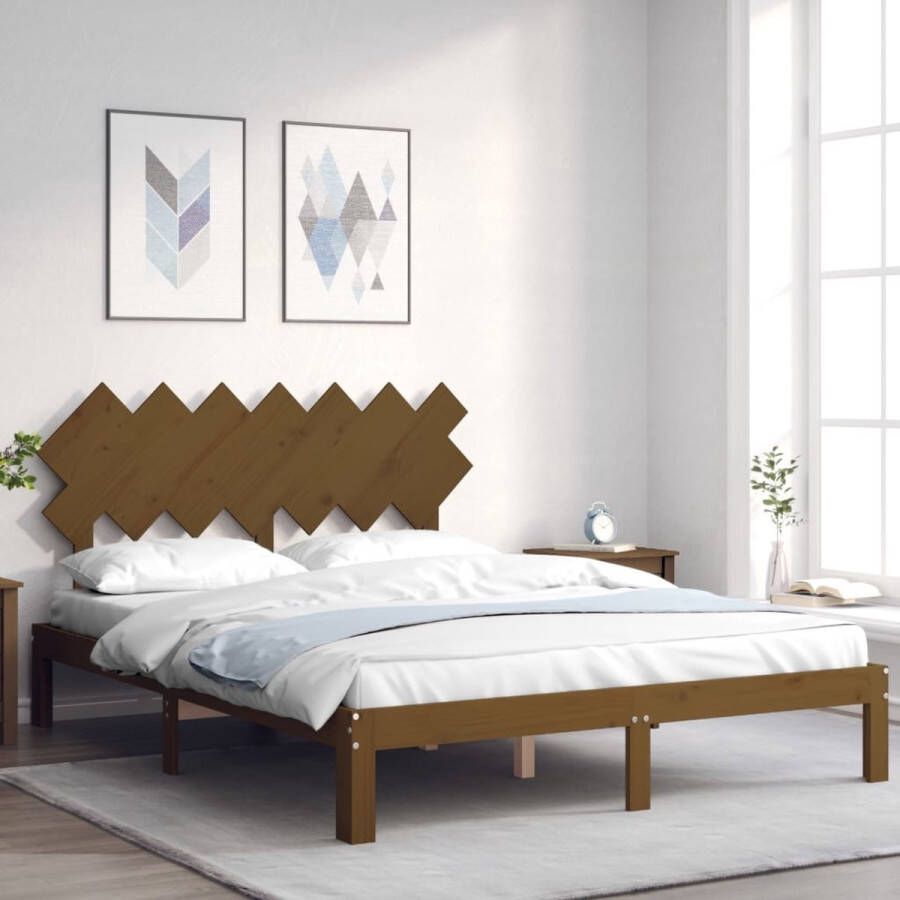 The Living Store Bedframe met hoofdbord massief hout honingbruin 140x200 cm Bed