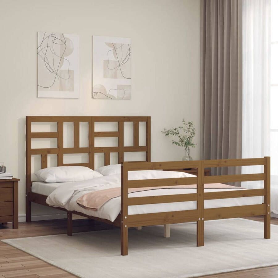 The Living Store Bedframe met hoofdbord massief hout honingbruin 140x200 cm Bed