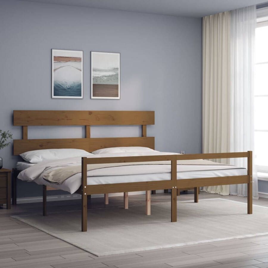 The Living Store Bedframe met hoofdbord massief hout honingbruin 200x200 cm Bedframe Bedframes Bed Tweepersoonsbed Slaapkamermeubel Houten Bedframe Houten Bed Bedbodem Massief Houten Bedframe Ledikant Bedframe Met Hoofdeinde