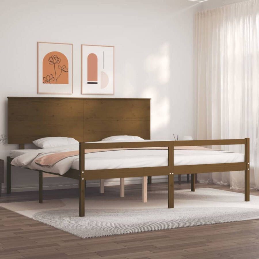 The Living Store Bedframe met hoofdbord massief hout honingbruin 200x200 cm Bed