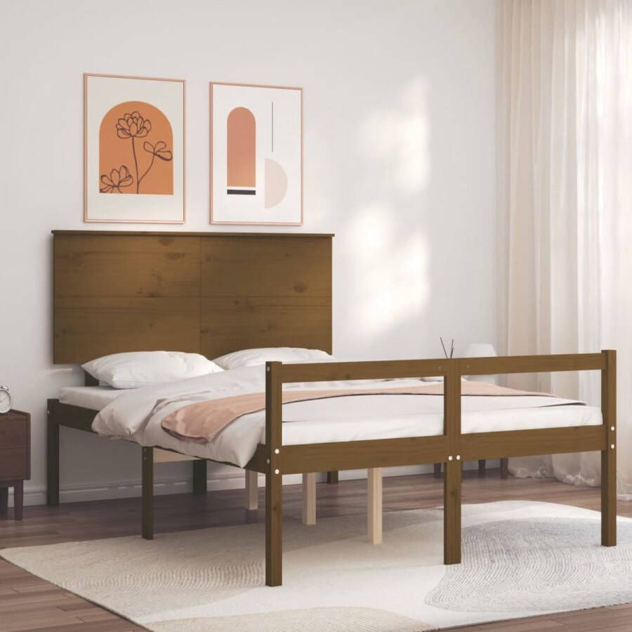 The Living Store Bedframe met hoofdbord massief hout honingbruin 4FT6 Double Bedframe Bedframes Bed Tweepersoonsbed Slaapkamermeubel Houten Bedframe Houten Bed Bedbodem Massief Houten Bedframe Ledikant Bedframe Met Hoofdeinde