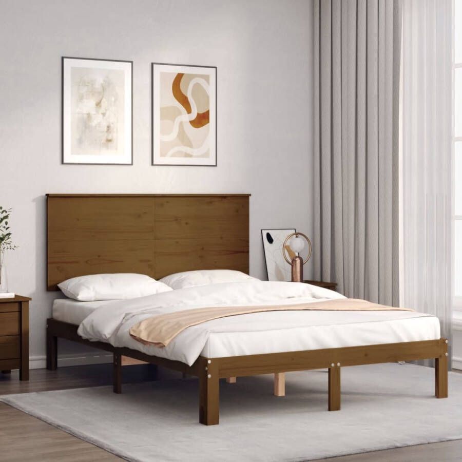 The Living Store Bed Grenenhouten Multiplex Lattenbodem 193.5 x 138.5 x 82.5 cm Honingbruin