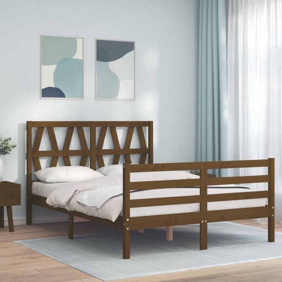 The Living Store Bedframe met hoofdbord massief hout honingbruin 4FT6 Double Bedframe Bedframes Bed Tweepersoonsbed Slaapkamermeubel Houten Bedframe Houten Bed Bedbodem Massief Houten Bedframe Ledikant Bedframe Met Hoofdeinde - Foto 2