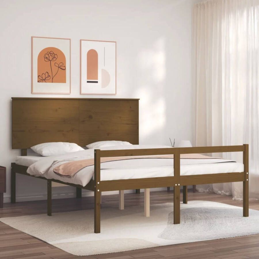 The Living Store Bedframe met hoofdbord massief hout honingbruin 5 FT King Bedframe Bedframes Bed Tweepersoonsbed Slaapkamermeubel Houten Bedframe Houten Bed Bedbodem Massief Houten Bedframe Ledikant Bedframe Met Hoofdeinde