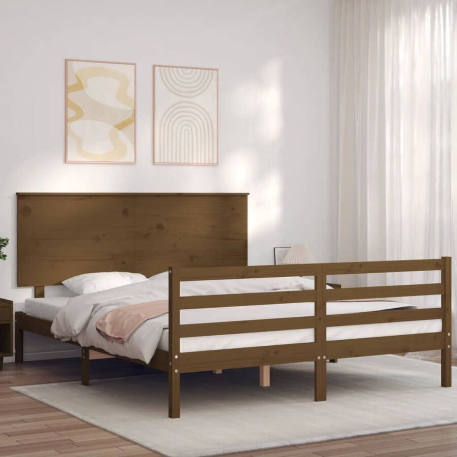 The Living Store Bedframe met hoofdbord massief hout honingbruin 5FT King Size Bedframe Bedframes Bed Tweepersoonsbed Slaapkamermeubel Houten Bedframe Houten Bed Bedbodem Massief Houten Bedframe Ledikant Bedframe Met Hoofdeinde