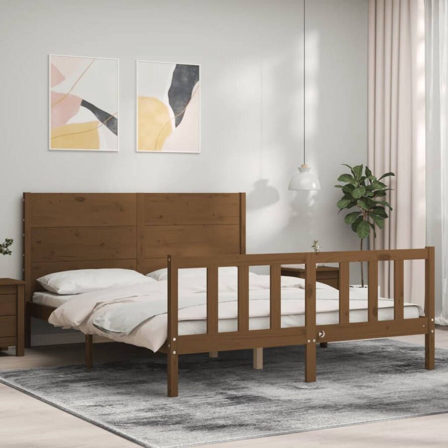 The Living Store Bedframe met hoofdbord massief hout honingbruin 5FT King Size Bedframe Bedframes Bed Tweepersoonsbed Slaapkamermeubel Houten Bedframe Houten Bed Bedbodem Massief Houten Bedframe Ledikant Bedframe Met Hoofdeinde