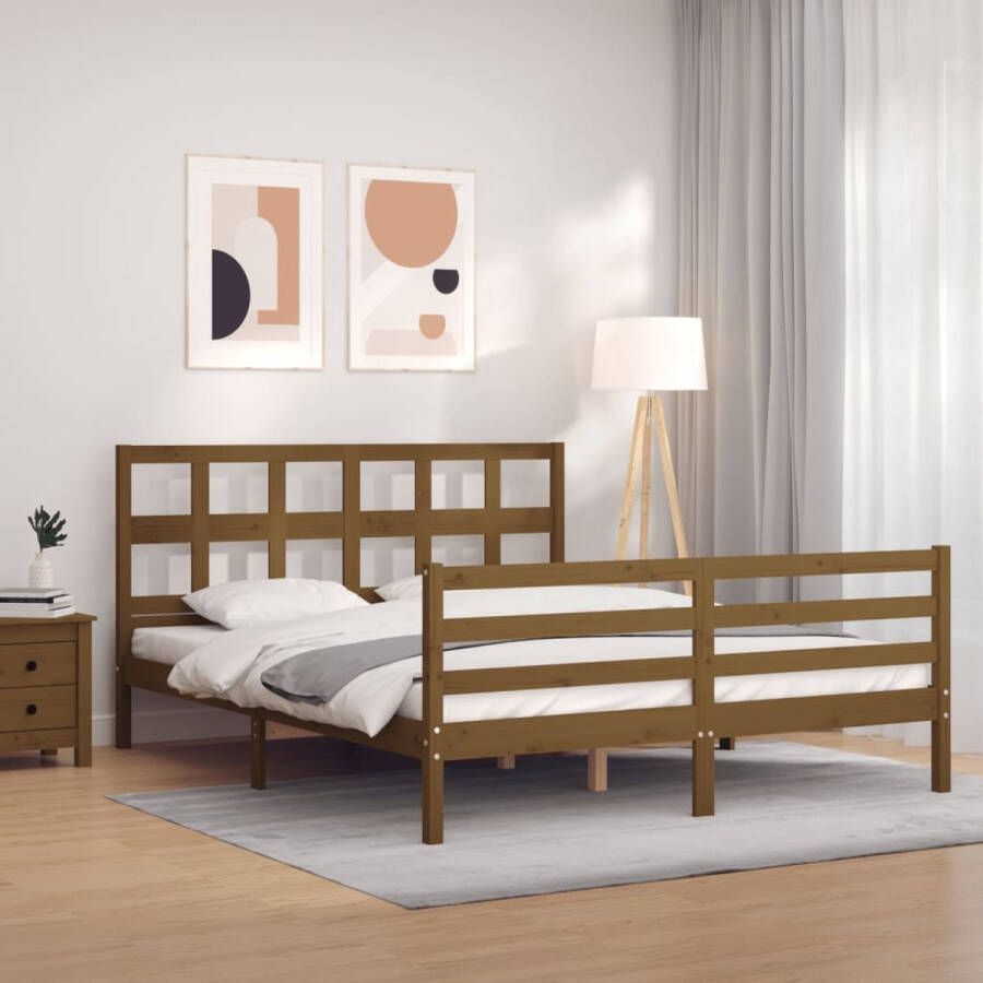 The Living Store Bedframe met hoofdbord massief hout honingbruin 5FT King Size Bed