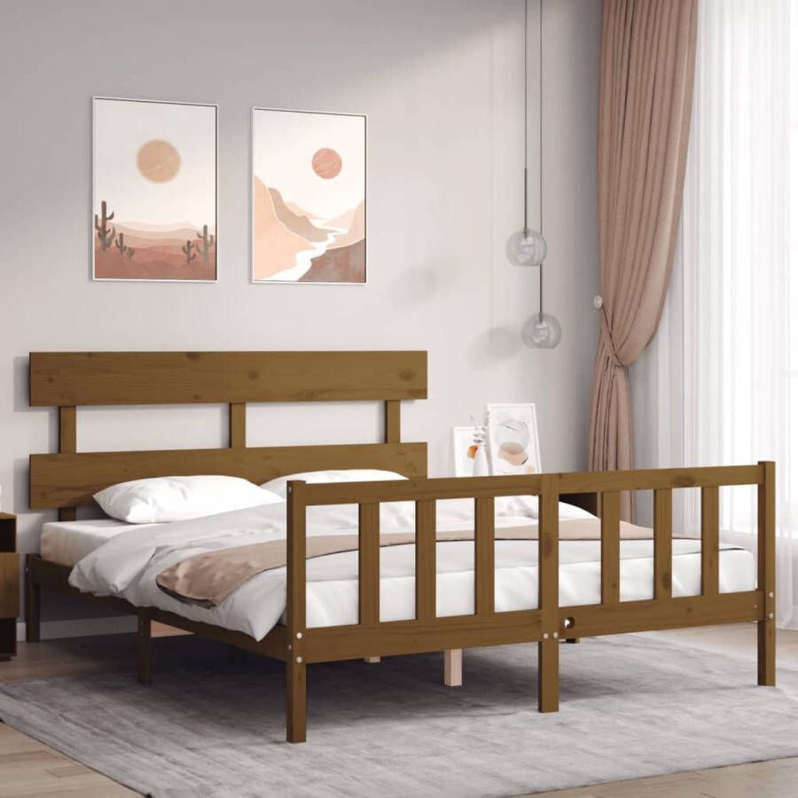 The Living Store Bedframe met hoofdbord massief hout honingbruin 5FT King Size Bed
