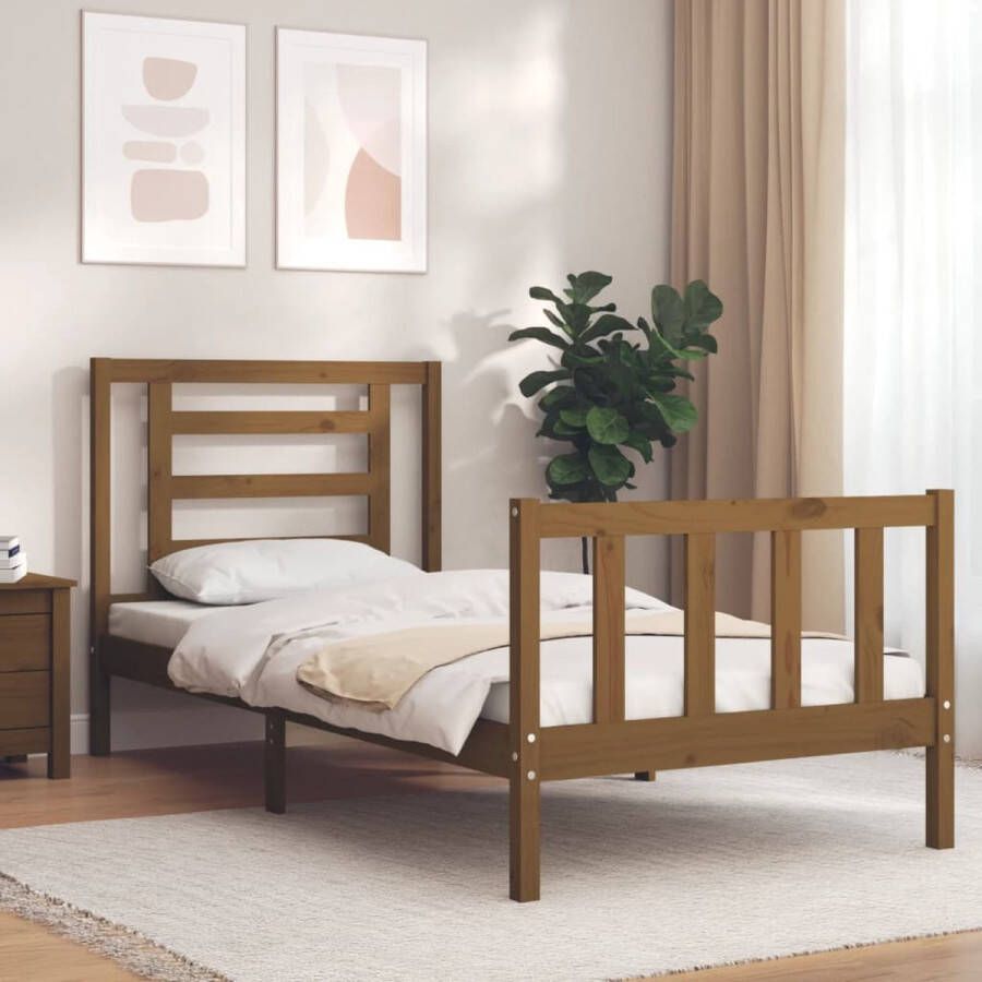 The Living Store Bedframe met hoofdbord massief hout honingbruin 90x200 cm Bedframe Bedframes Bed Eenpersoonsbed Slaapkamermeubel Houten Bedframe Houten Bed Bedbodem Massief Houten Bedframe Ledikant Bedframe Met Hoofdeinde