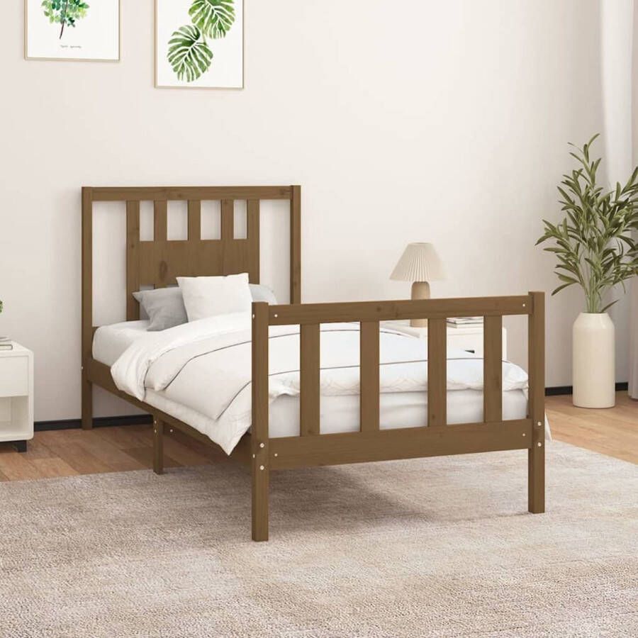 The Living Store Bedframe met hoofdbord massief hout honingbruin 90x200 cm Bed