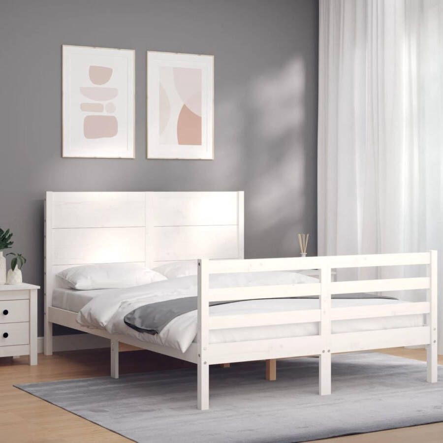 The Living Store Bedframe met hoofdbord massief hout wit 140x190 cm Bed