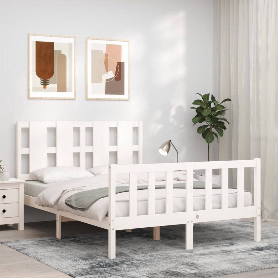 The Living Store Bedframe met hoofdbord massief hout wit 140x200 cm Bedframe Bedframes Bed Tweepersoonsbed Slaapkamermeubel Houten Bedframe Houten Bed Bedbodem Massief Houten Bedframe Ledikant Bedframe Met Hoofdeinde