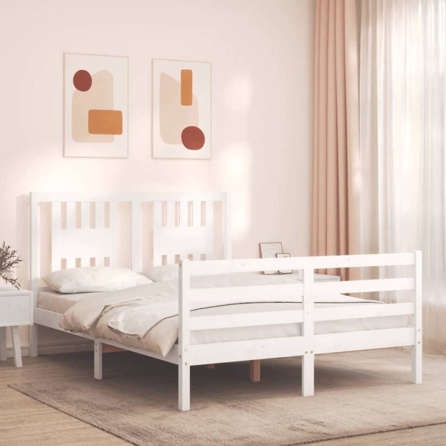 The Living Store Bedframe met hoofdbord massief hout wit 140x200 cm Bed