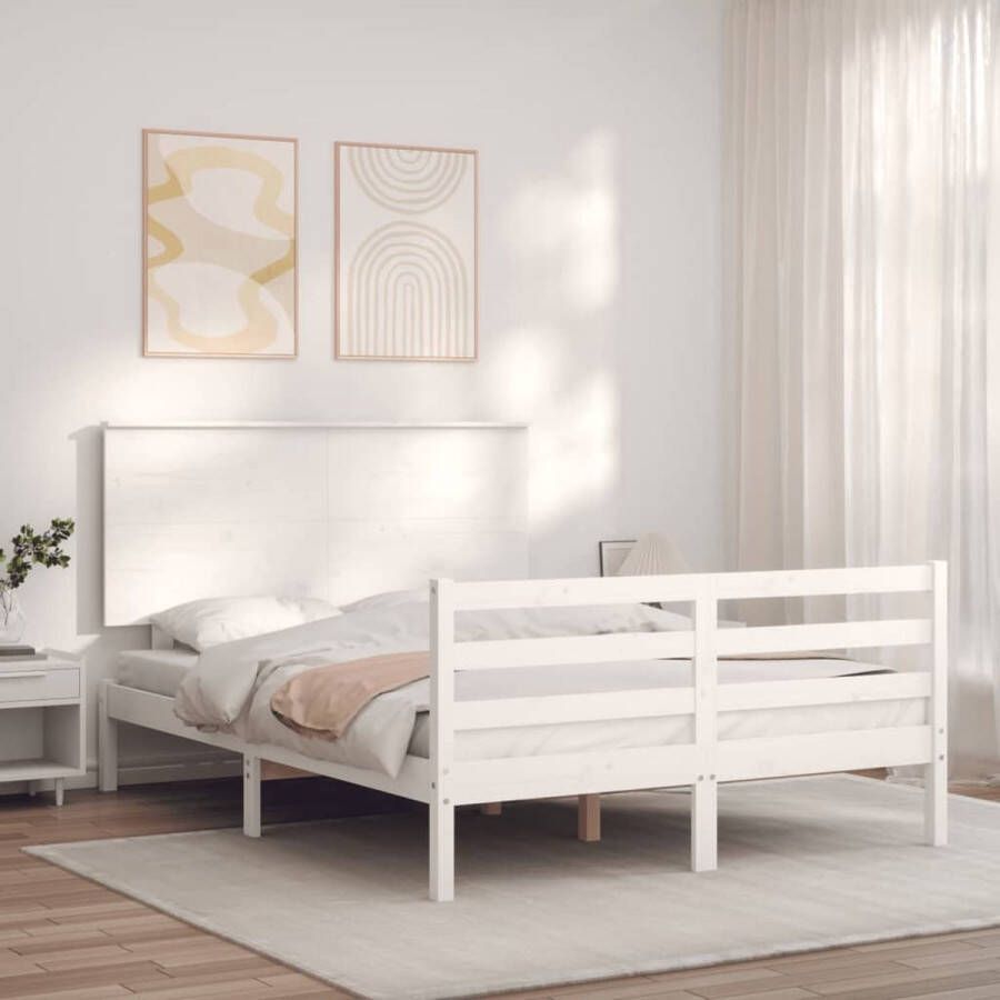 The Living Store Bedframe met hoofdbord massief hout wit 140x200 cm Bedframe Bedframes Bed Tweepersoonsbed Slaapkamermeubel Houten Bedframe Houten Bed Bedbodem Massief Houten Bedframe Ledikant Bedframe Met Hoofdeinde