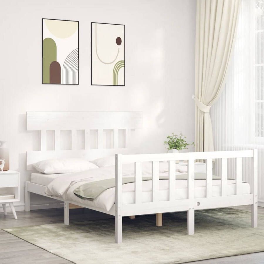 The Living Store Bedframe met hoofdbord massief hout wit 140x200 cm Bedframe Bedframes Bed Tweepersoonsbed Slaapkamermeubel Houten Bedframe Houten Bed Bedbodem Massief Houten Bedframe Ledikant Bedframe Met Hoofdeinde - Foto 2