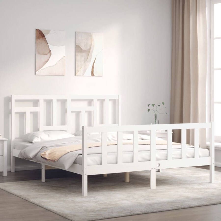 The Living Store Bedframe met hoofdbord massief hout wit 160x200 cm Bedframe Bedframes Bed Tweepersoonsbed Slaapkamermeubel Houten Bedframe Houten Bed Bedbodem Massief Houten Bedframe Ledikant Bedframe Met Hoofdeinde