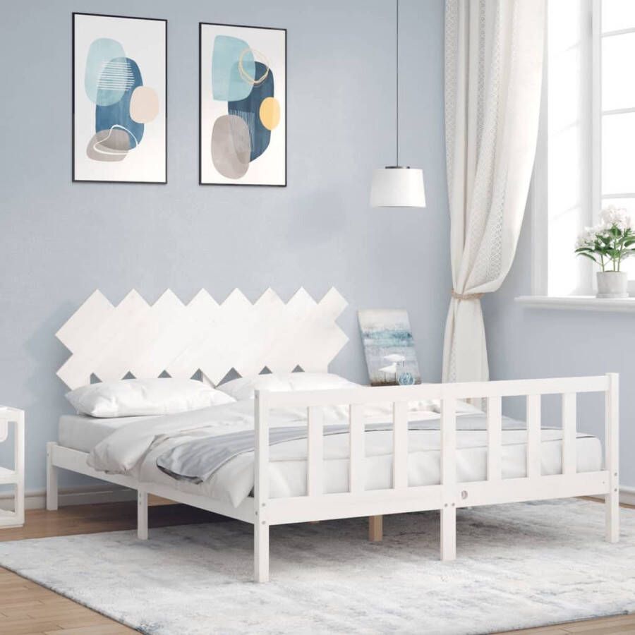 The Living Store Bedframe met hoofdbord massief hout wit 160x200 cm Bedframe Bedframes Bed Tweepersoonsbed Slaapkamermeubel Houten Bedframe Houten Bed Bedbodem Massief Houten Bedframe Ledikant Bedframe Met Hoofdeinde