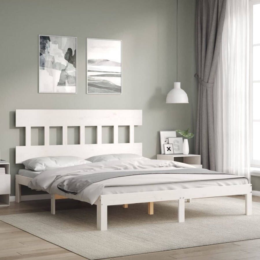 The Living Store Bedframe met hoofdbord massief hout wit 160x200 cm Bed