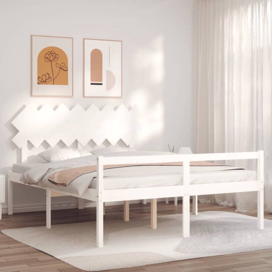 The Living Store Bedframe met hoofdbord massief hout wit 160x200 cm Bedframe Bedframes Bed Tweepersoonsbed Slaapkamermeubel Houten Bedframe Houten Bed Bedbodem Massief Houten Bedframe Ledikant Bedframe Met Hoofdeinde
