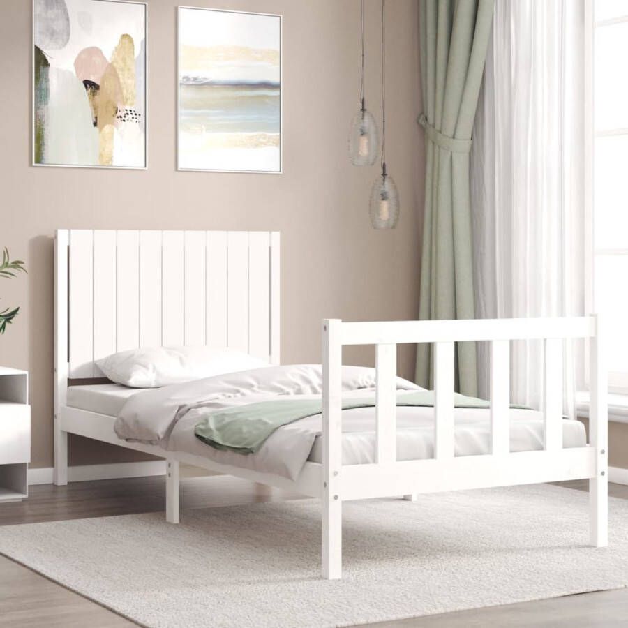 The Living Store Bedframe met hoofdbord massief hout wit 3FT Single Bedframe Bedframes Bed Eenpersoonsbed Slaapkamermeubel Houten Bedframe Houten Bed Bedbodem Massief Houten Bedframe Ledikant Bedframe Met Hoofdeinde