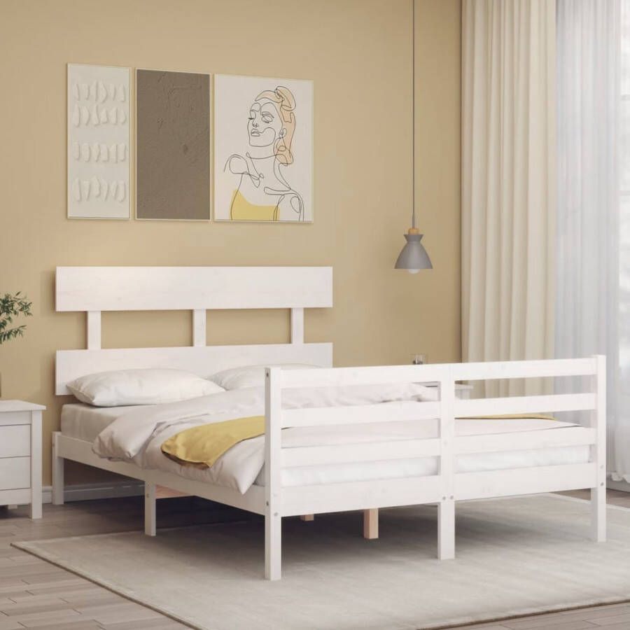 The Living Store Bedframe met hoofdbord massief hout wit 4FT6 Double Bedframe Bedframes Bed Tweepersoonsbed Slaapkamermeubel Houten Bedframe Houten Bed Bedbodem Massief Houten Bedframe Ledikant Bedframe Met Hoofdeinde