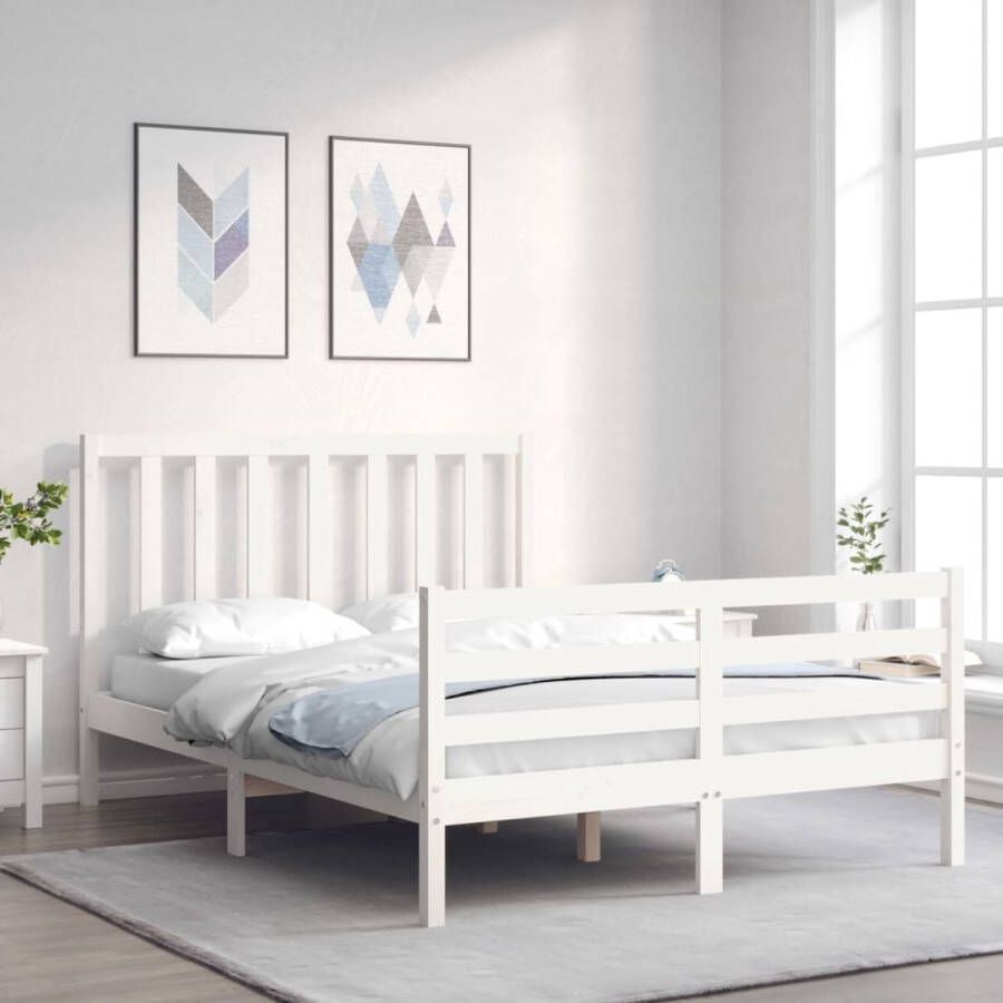 The Living Store Bedframe met hoofdbord massief hout wit 4FT6 Double Bedframe Bedframes Bed Tweepersoonsbed Slaapkamermeubel Houten Bedframe Houten Bed Bedbodem Massief Houten Bedframe Ledikant Bedframe Met Hoofdeinde